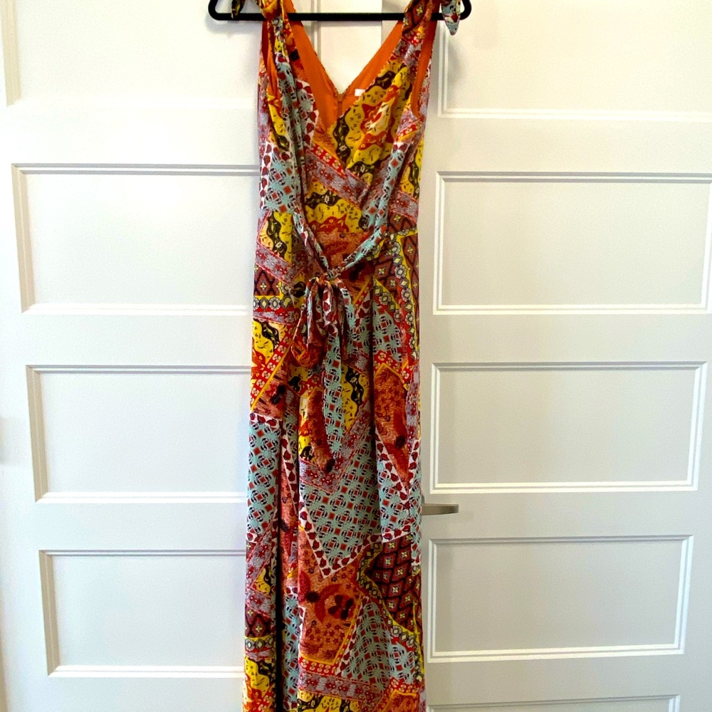 ANTHROPOLOGIE Harlyn Jumpsuit Multi-Color Tie Shoulder Wrap Front Wide Leg Large